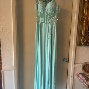 Mint Lace Appliqué Prom Gown with Sheer Bodice